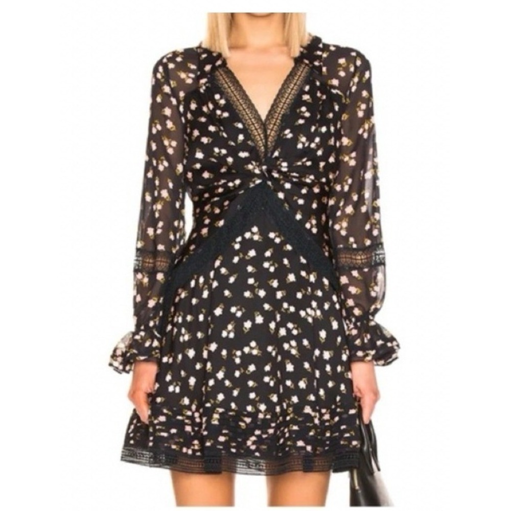 Self-Portrait Twist Front Ditsy Mini Dress Black Pink Floral Lace US 2